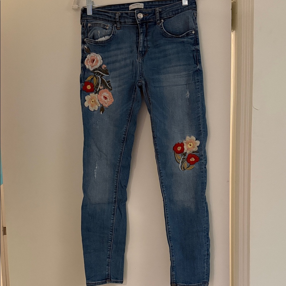 Zara Embroidered Blue Women's Slim Jeans